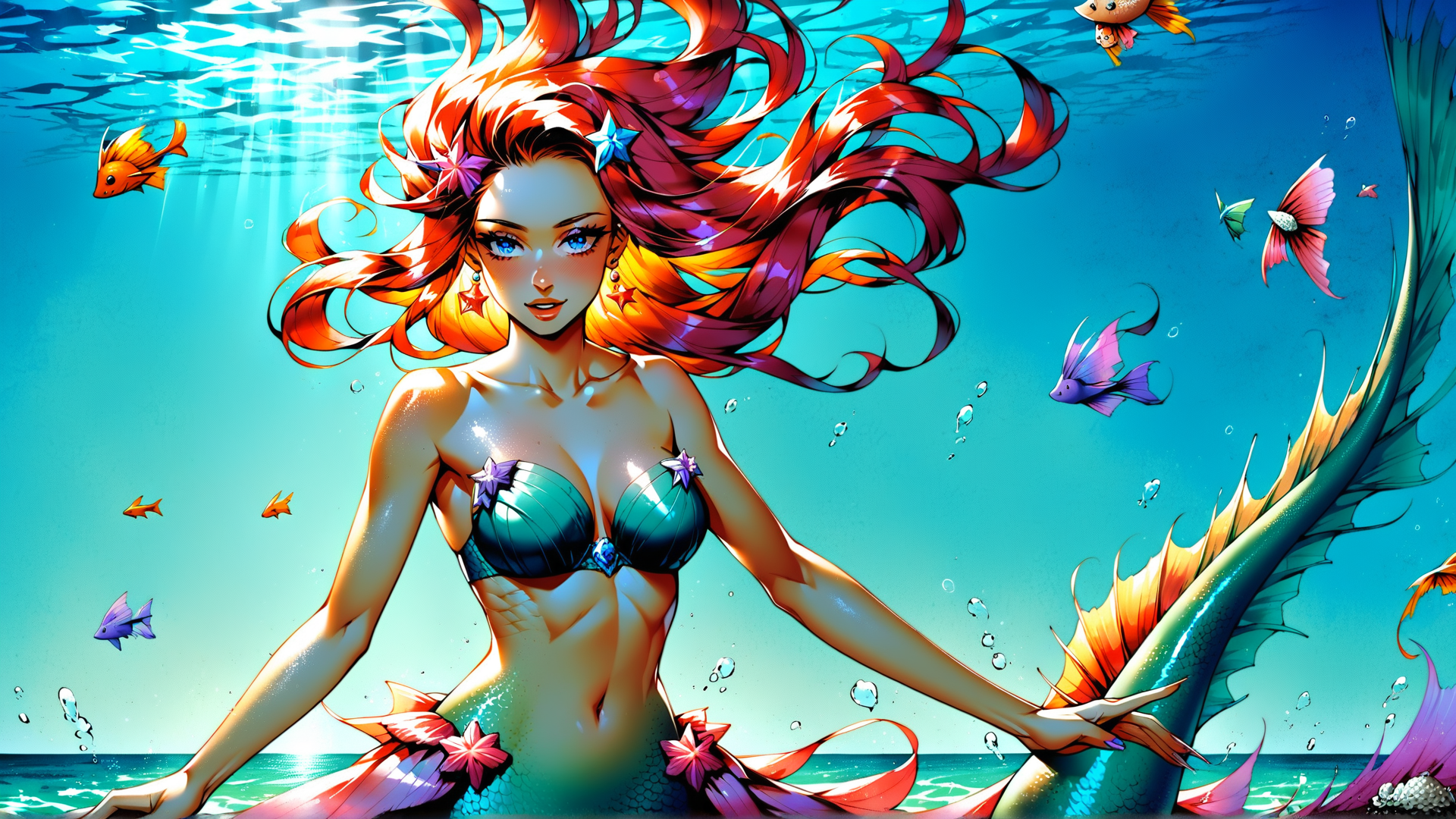 AI generated wallpaper featuring mermaid, fish, water, seaweed, coral, bubbles, sunlight, fins, hair, starfish