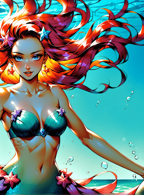 mermaid, fish, water, seaweed, coral, bubbles, sunlight, fins, hair, starfish