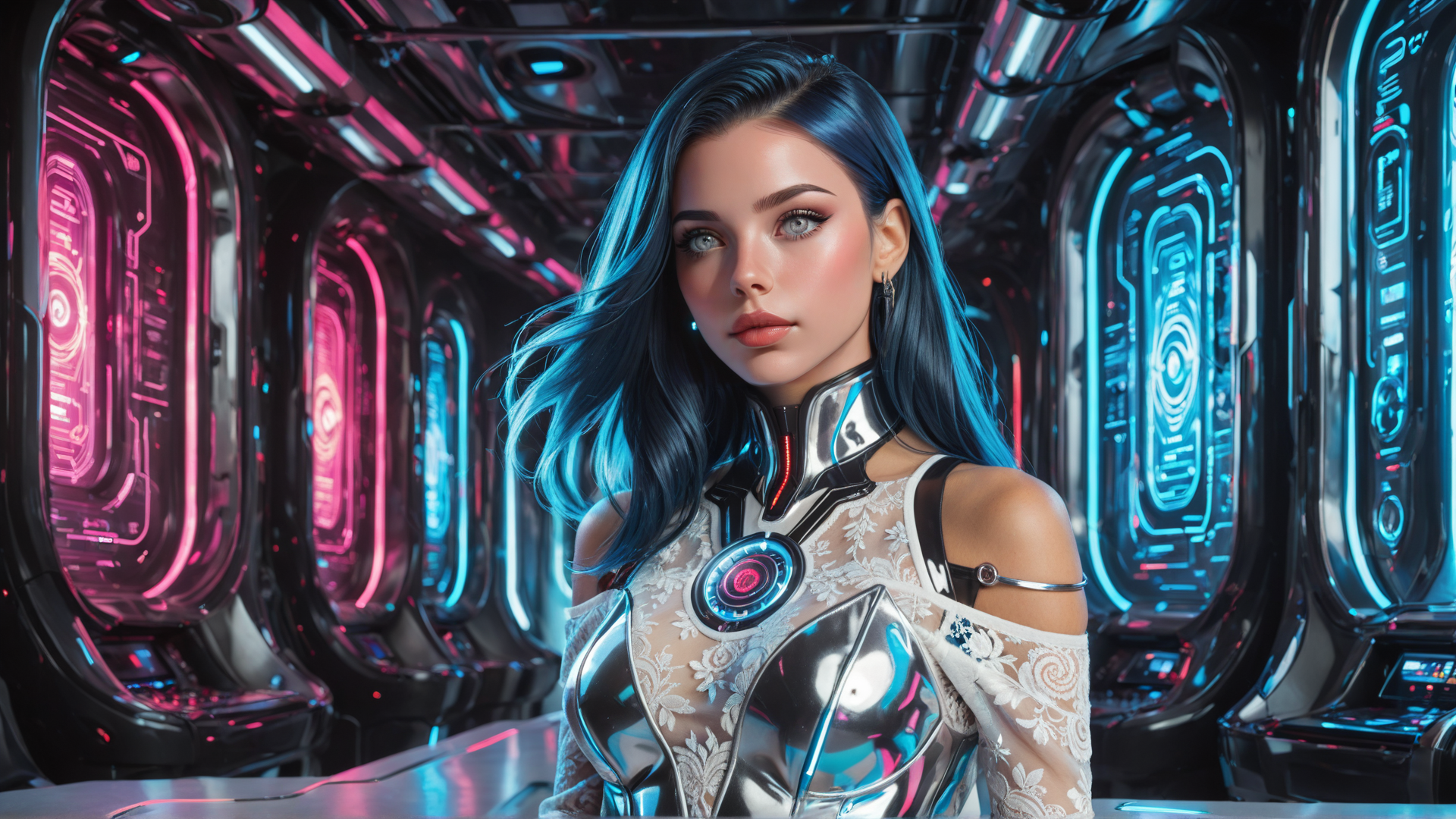 AI generated wallpaper featuring woman, cyborg, futuristic, robot, ai, neon, lady, tech, cyberpunk, gadget