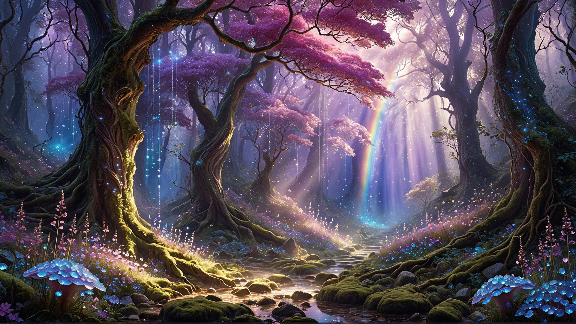 AI generated wallpaper featuring trees, rainbow, moss, stream, flowers, fungi, glowing, forest, roots, light