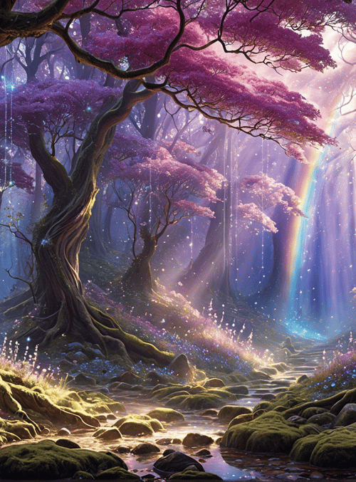 trees, rainbow, moss, stream, flowers, fungi, glowing, forest, roots, light