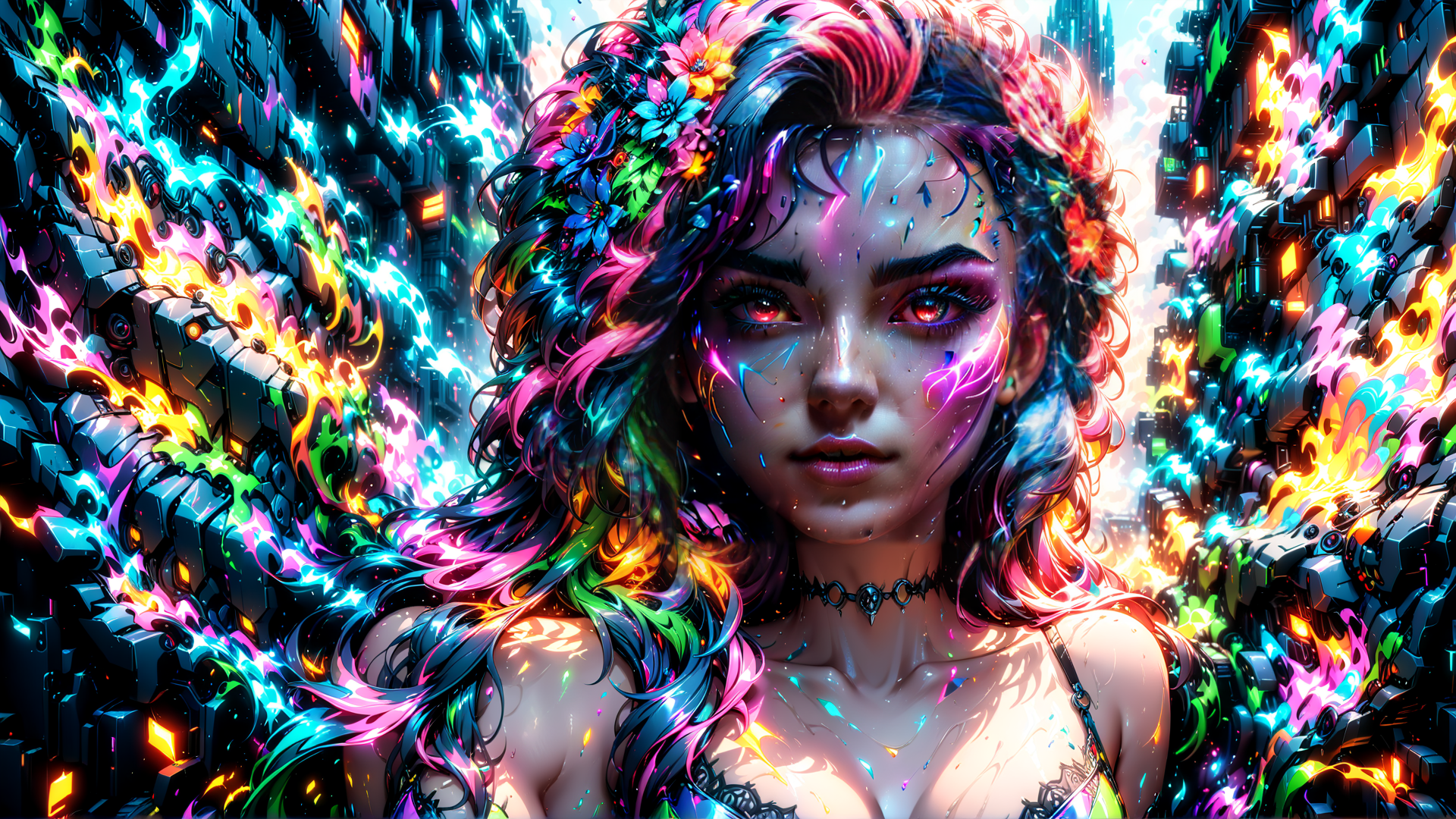 AI generated wallpaper featuring woman, cyberpunk, flowers