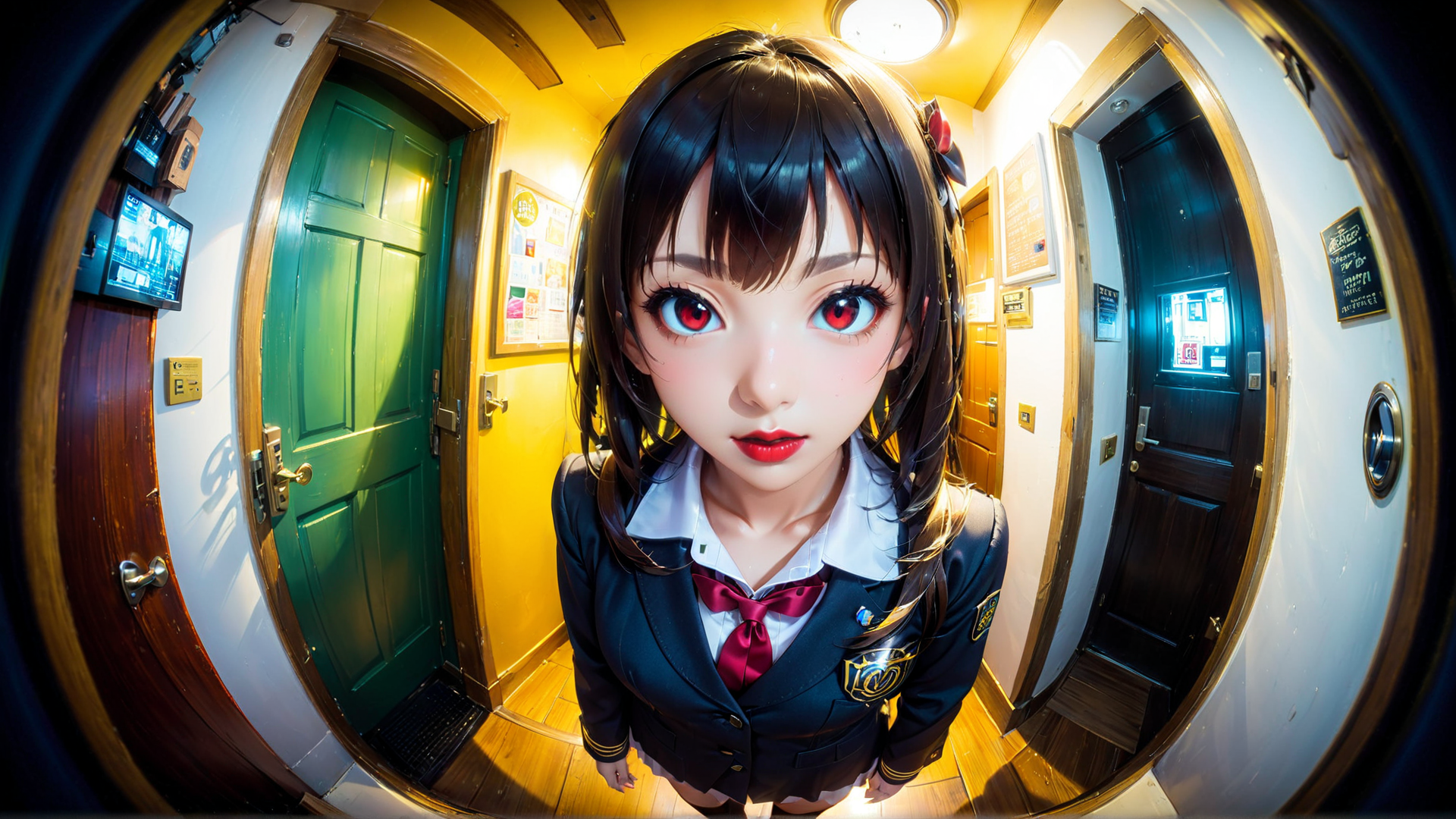 AI generated wallpaper featuring girl, school uniform, corridor, door, poster, light, wall, camera, mirror, sign