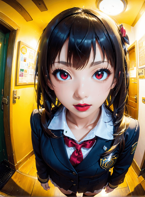 girl, school uniform, corridor, door, poster, light, wall, camera, mirror, sign