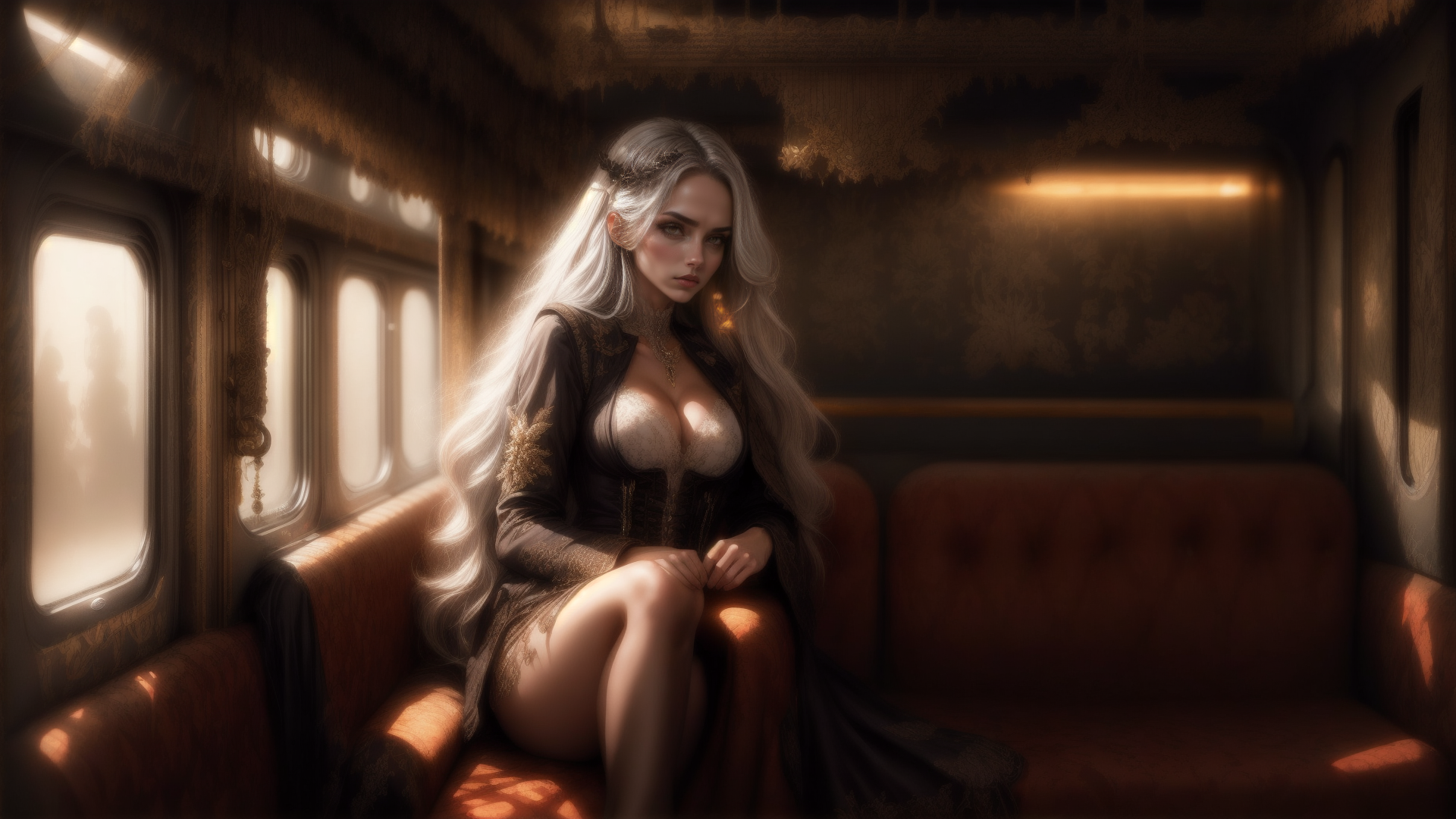 AI generated wallpaper featuring woman, train, sunset