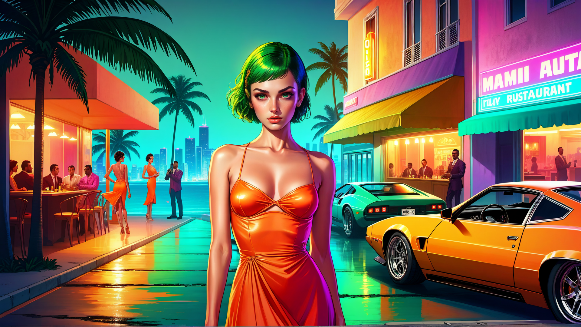 AI generated wallpaper featuring woman, cars, palm trees, restaurant, city