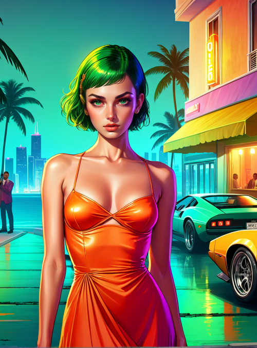 woman, cars, palm trees, restaurant, city