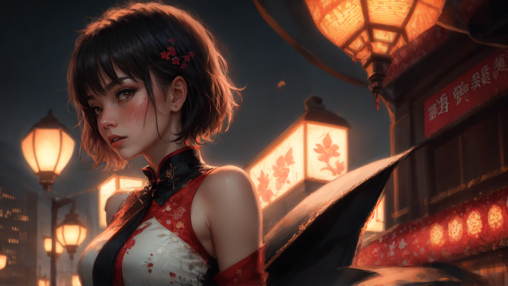 AI generated wallpaper featuring woman, lantern, street