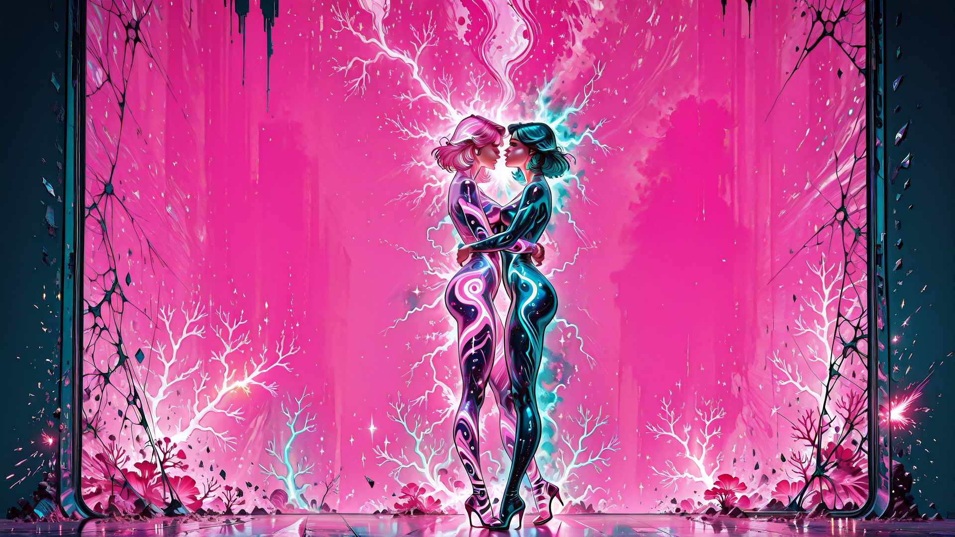 AI generated wallpaper featuring woman, couple, neon, cyborg, tree