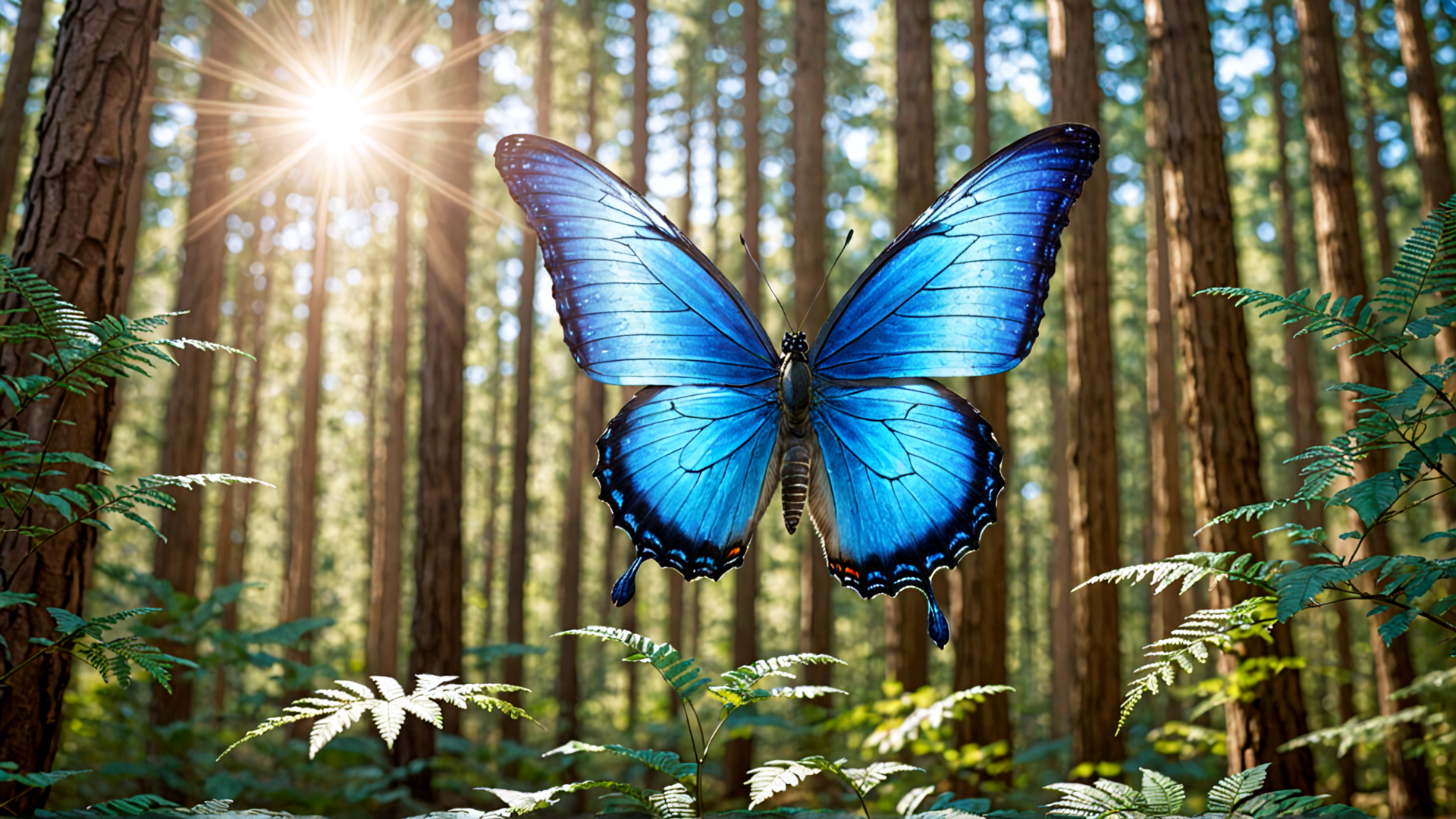 AI generated wallpaper featuring butterfly, forest, sunlight