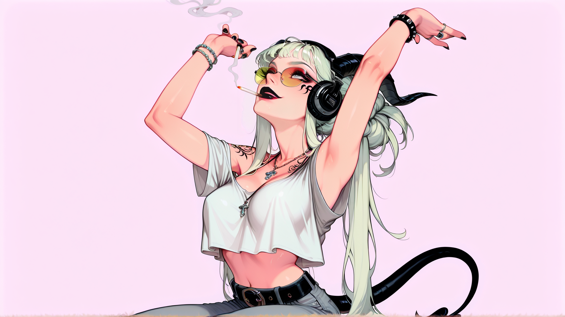 AI generated wallpaper featuring devil, woman, smoking, headphones, sunglasses, tattoo, tail, cigarette, bracelets, glasses