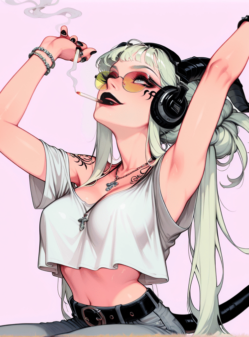 devil, woman, smoking, headphones, sunglasses, tattoo, tail, cigarette, bracelets, glasses