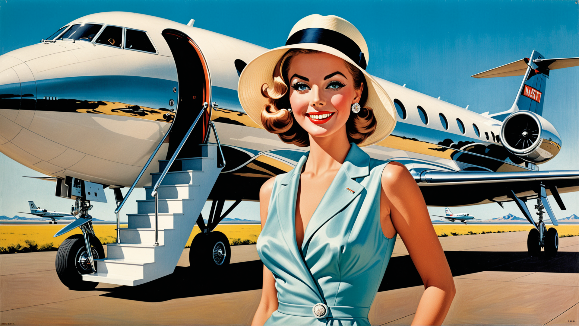 AI generated wallpaper featuring woman, airplane, hat, suit, staircase, field