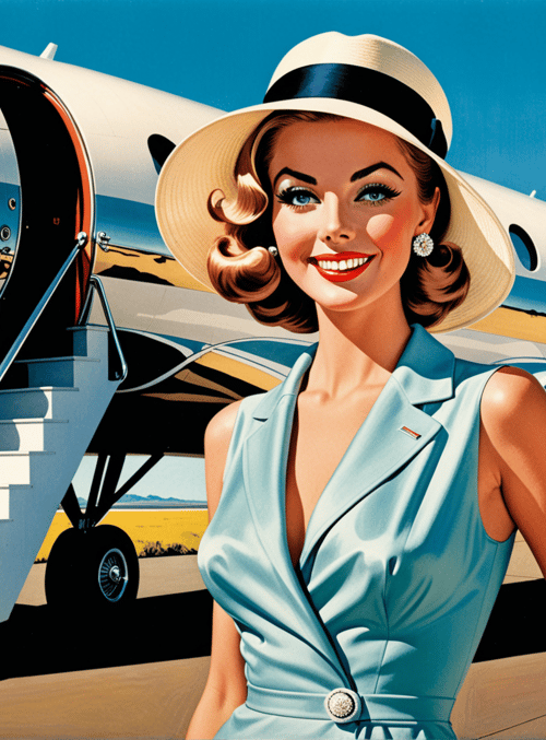 woman, airplane, hat, suit, staircase, field