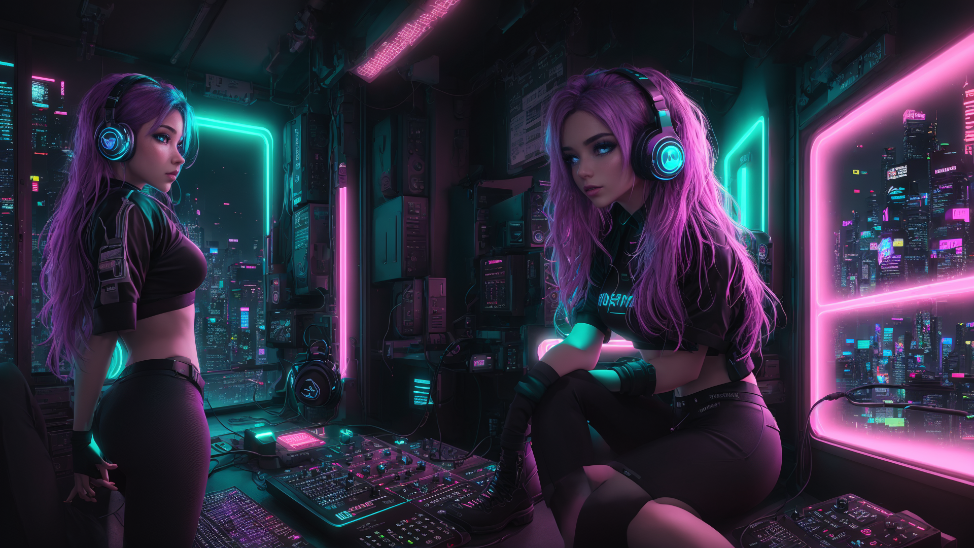 AI generated wallpaper featuring women, cyberpunk, dj