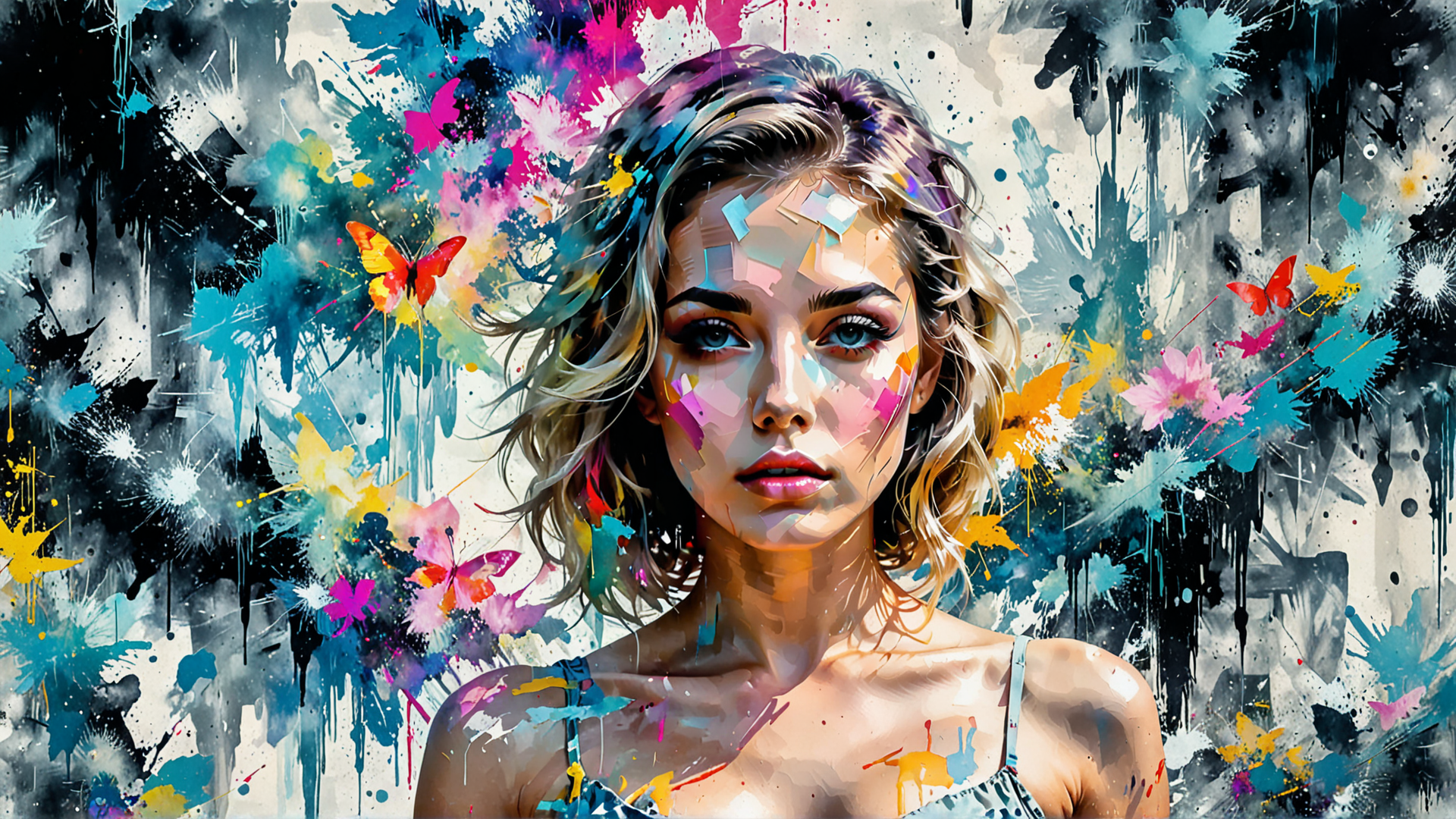 AI generated wallpaper featuring woman, butterfly, paint, art