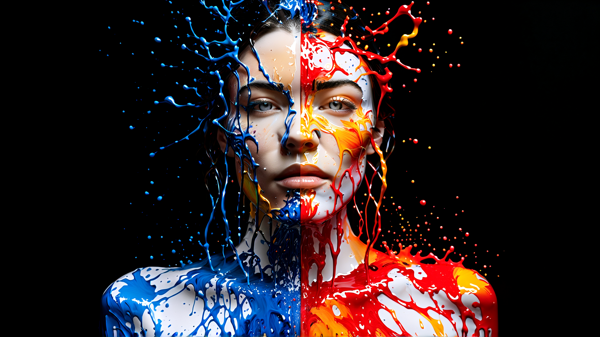 AI generated wallpaper featuring face, paint, woman, splat, art