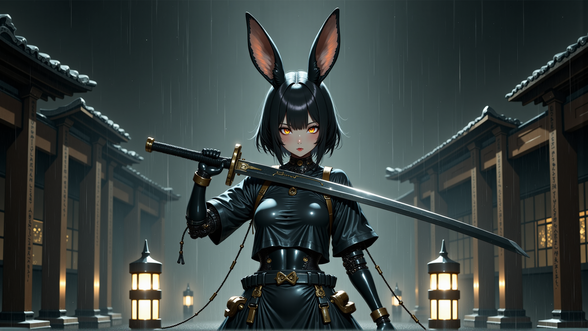 AI generated wallpaper featuring rabbit ears, sword, anime girl, kimono, lantern, rain, building, gloves, belt, chains