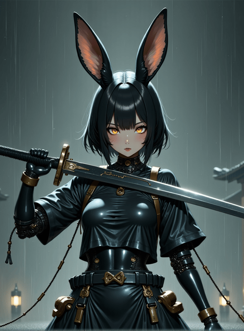 rabbit ears, sword, anime girl, kimono, lantern, rain, building, gloves, belt, chains