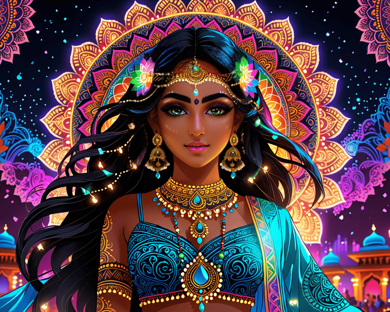 AI generated wallpaper featuring woman, jewelry, mandala