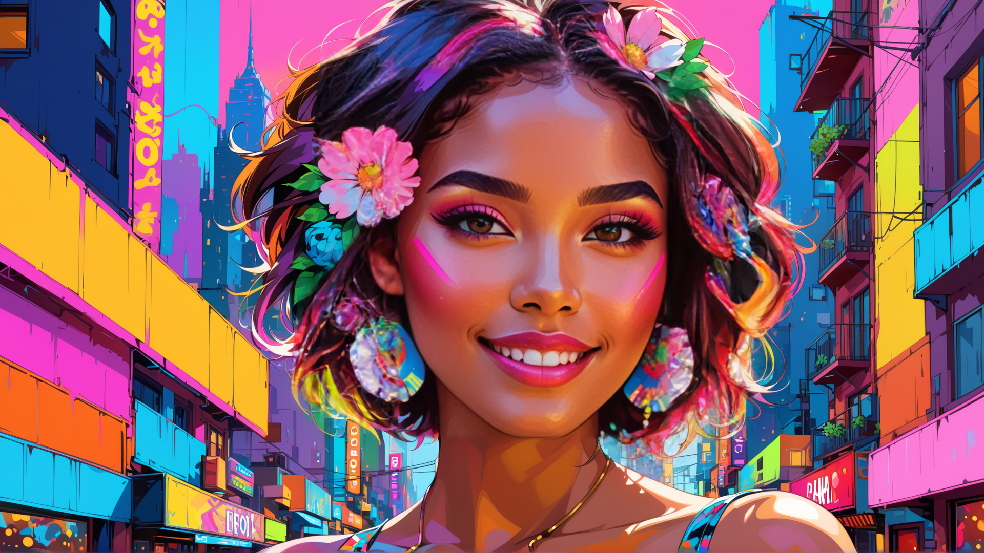 AI generated wallpaper featuring woman, city, flowers
