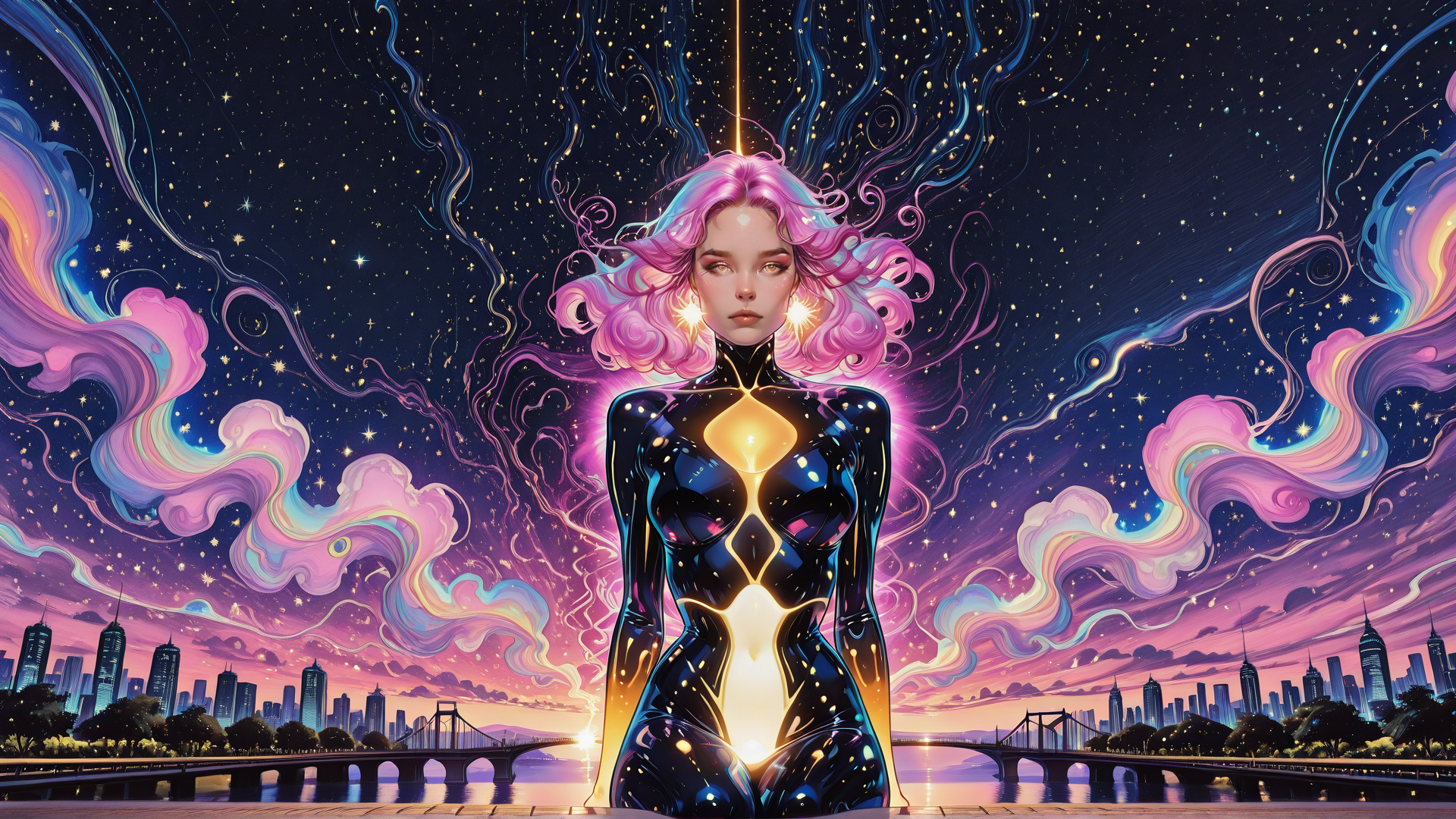 AI generated wallpaper featuring woman, city, sky, clouds, stars