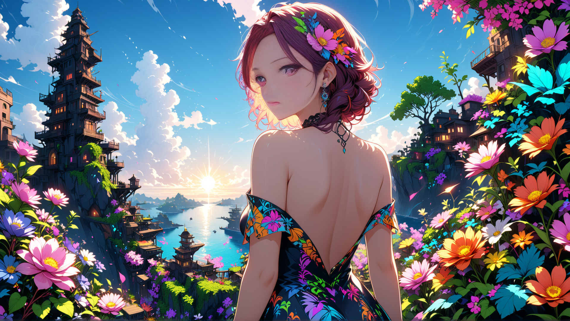 AI generated wallpaper featuring woman, flowers, city
