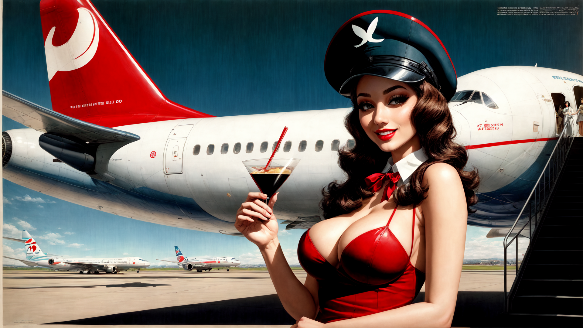 AI generated wallpaper featuring airplane, flight attendant, cocktail, airport, woman
