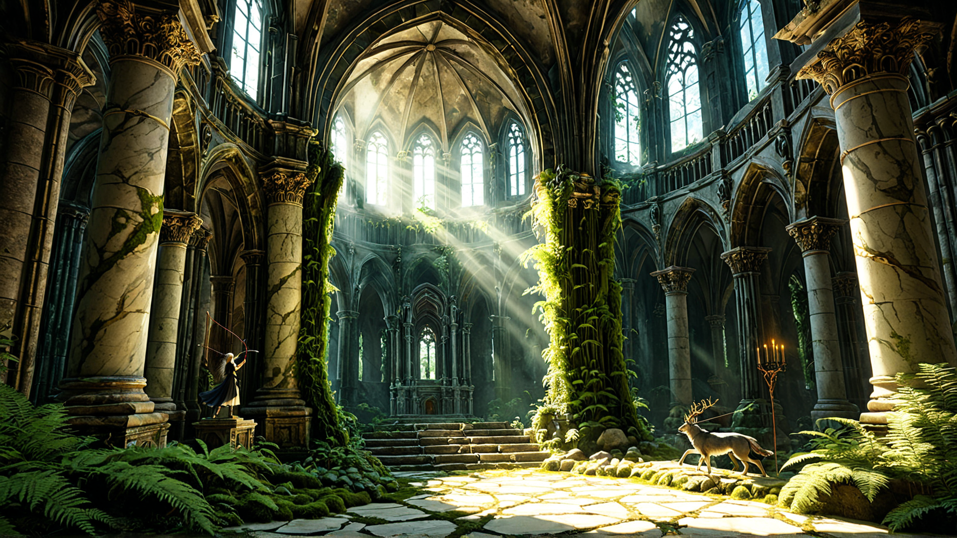 AI generated wallpaper featuring cathedral, deer, architectural, nature, feminine, ancient, stone, light, foliage, arches