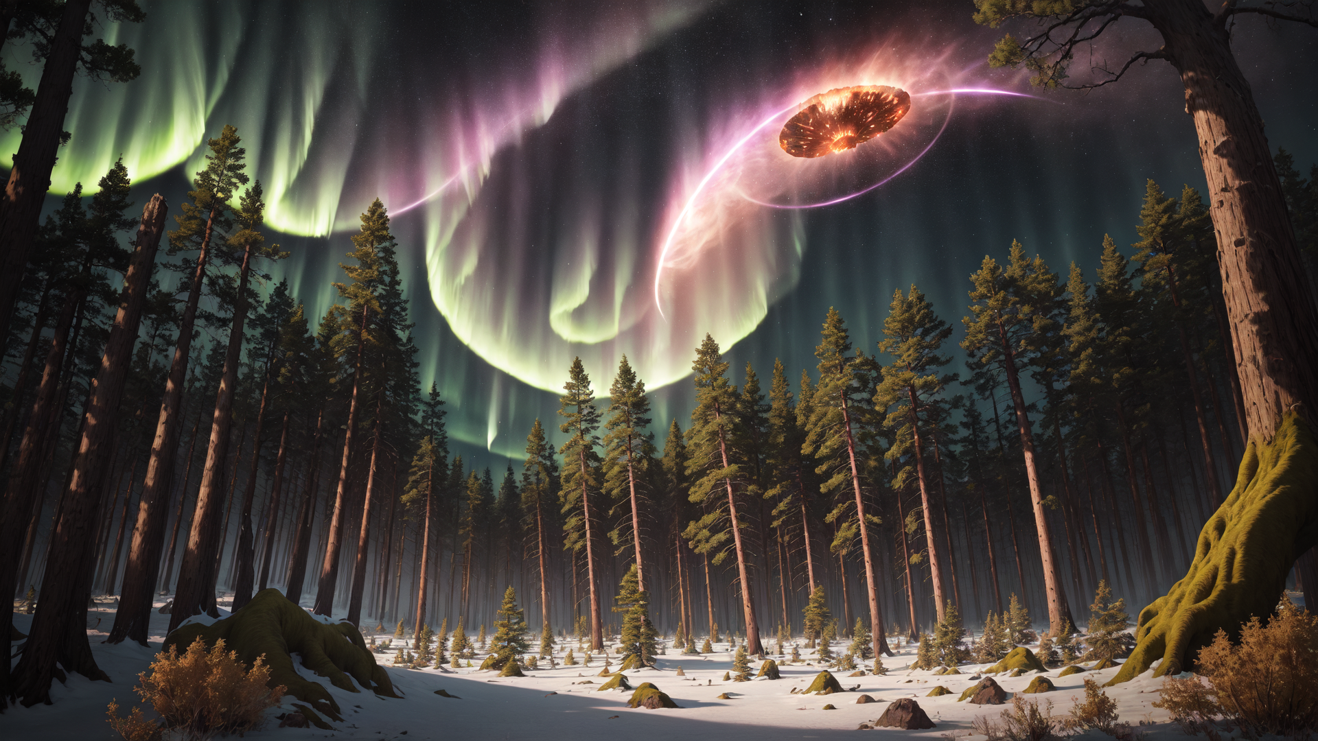 AI generated wallpaper featuring forest, aurora, ufo, trees, snow, rock, moss, pine, sky, light