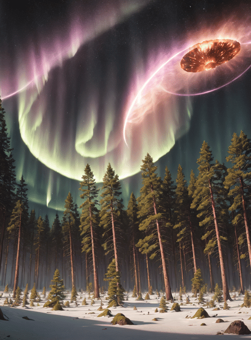 forest, aurora, ufo, trees, snow, rock, moss, pine, sky, light