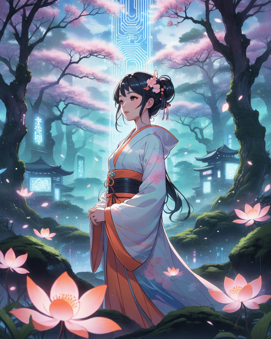 AI generated wallpaper featuring woman, cherry blossom, lotus