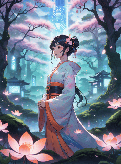 woman, cherry blossom, lotus