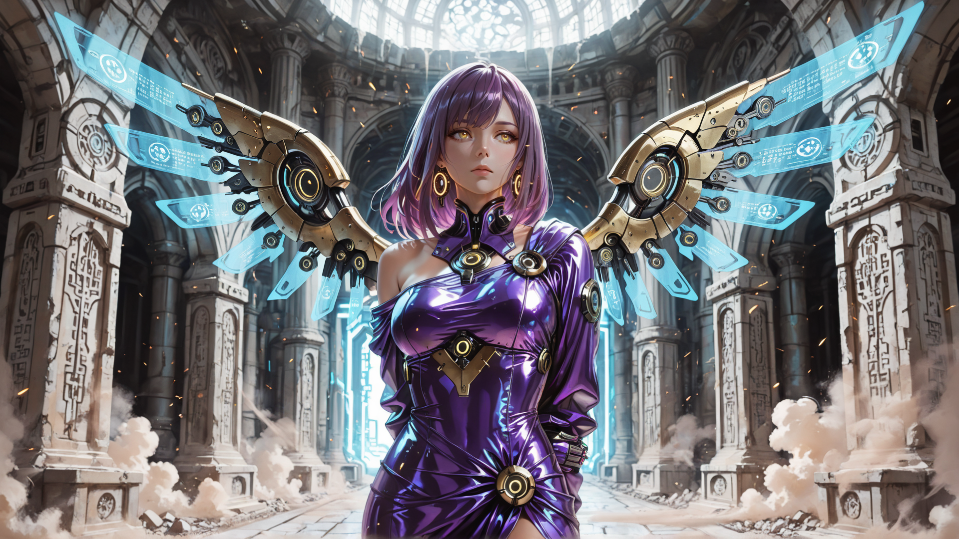 AI generated wallpaper featuring cyborg, woman, armor, wings, chapel, ruins, glowing, tech, futuristic, elegant