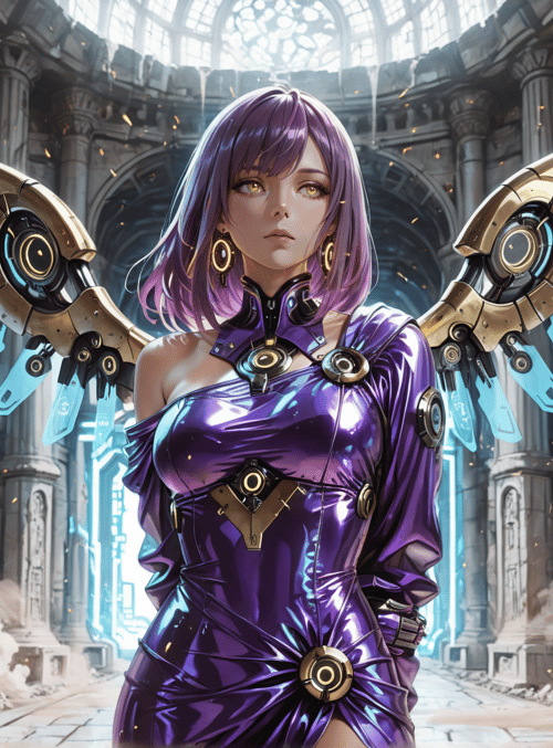 cyborg, woman, armor, wings, chapel, ruins, glowing, tech, futuristic, elegant