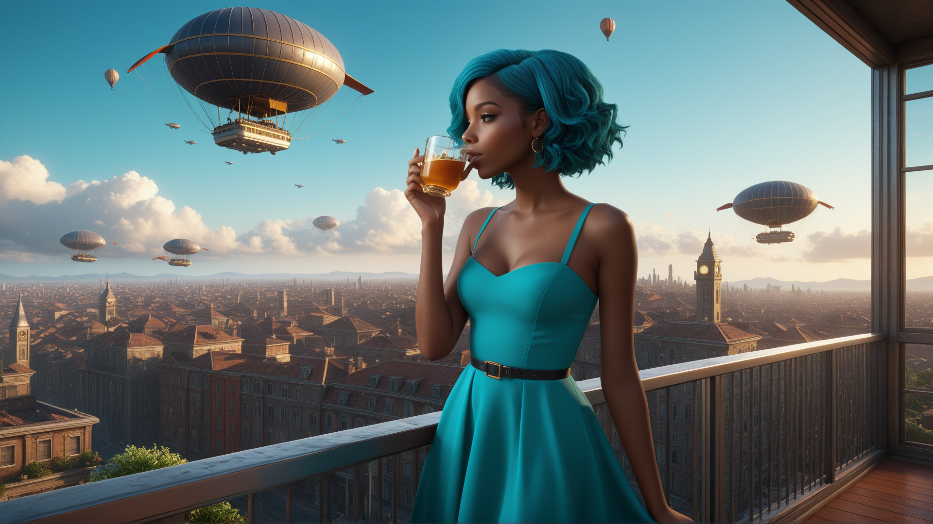 AI generated wallpaper featuring woman, balloon, city, dress, glass, building, clock tower