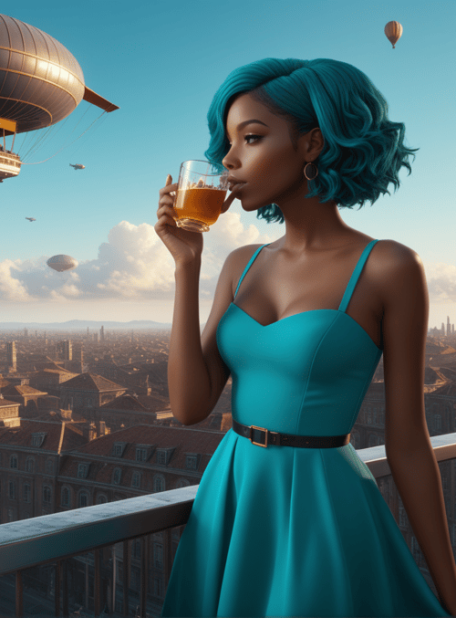woman, balloon, city, dress, glass, building, clock tower
