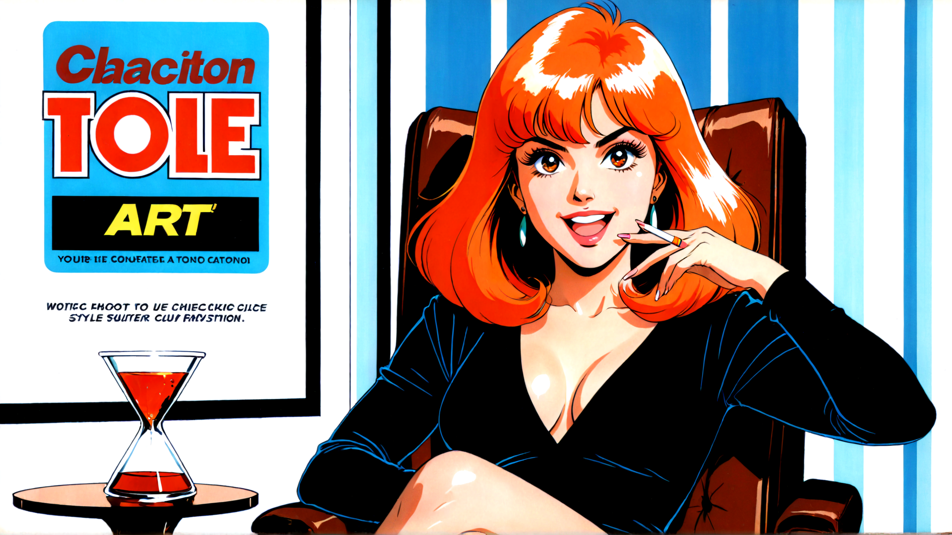 AI generated wallpaper featuring woman, cigarette, hourglass, chair, poster