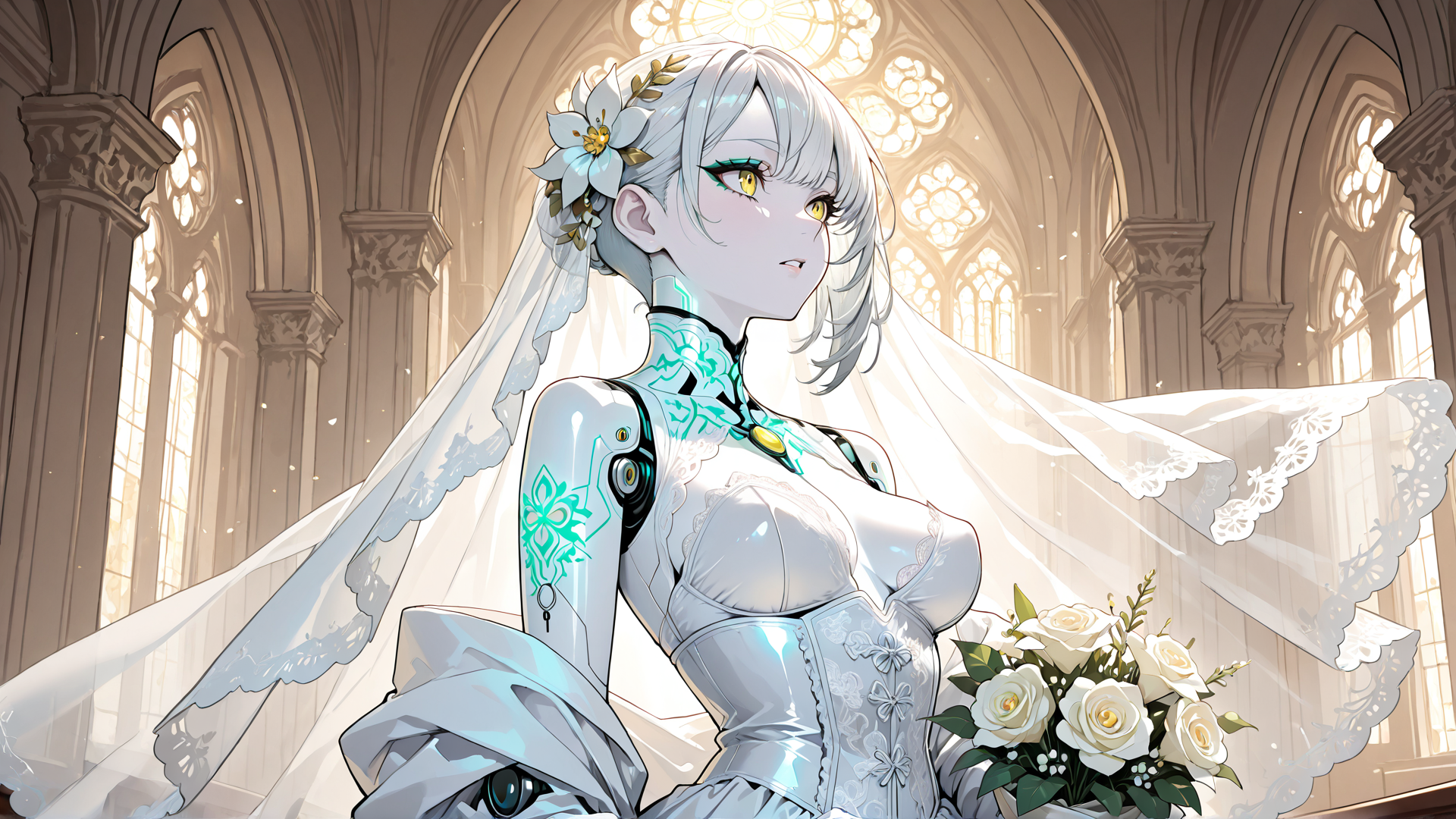AI generated wallpaper featuring cybernetic bride, gown, veil, roses, cathedral