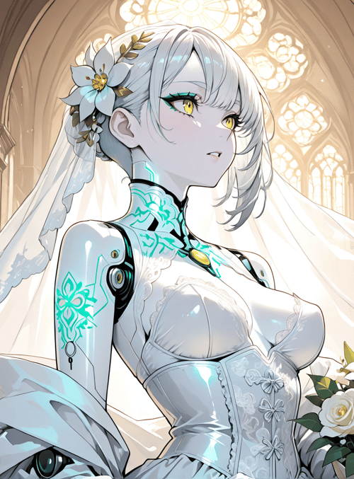 cybernetic bride, gown, veil, roses, cathedral