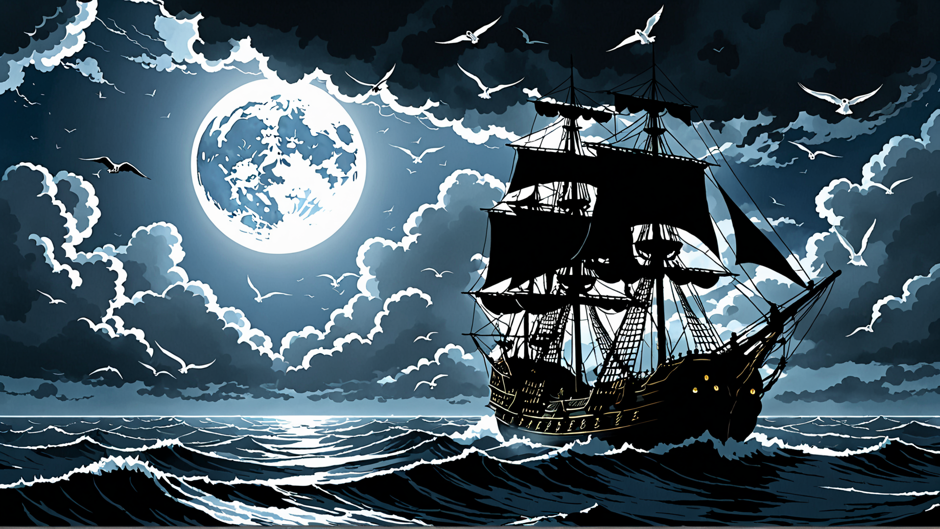 AI generated wallpaper featuring ship, moon, seagulls