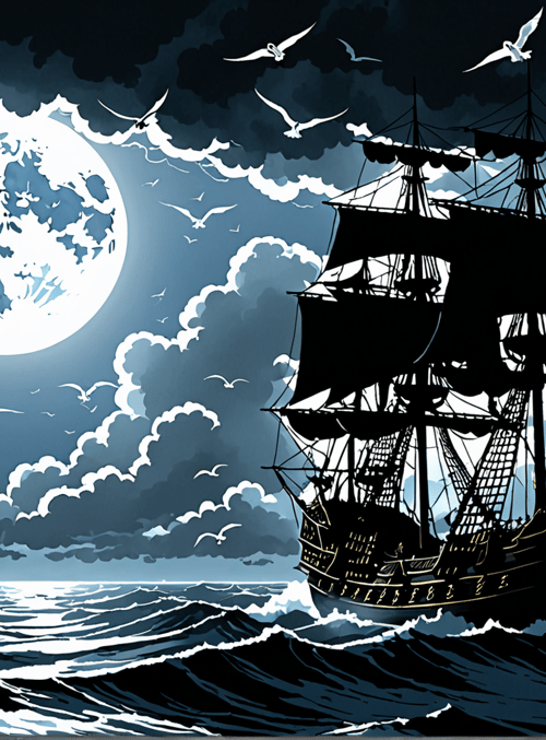 ship, moon, seagulls