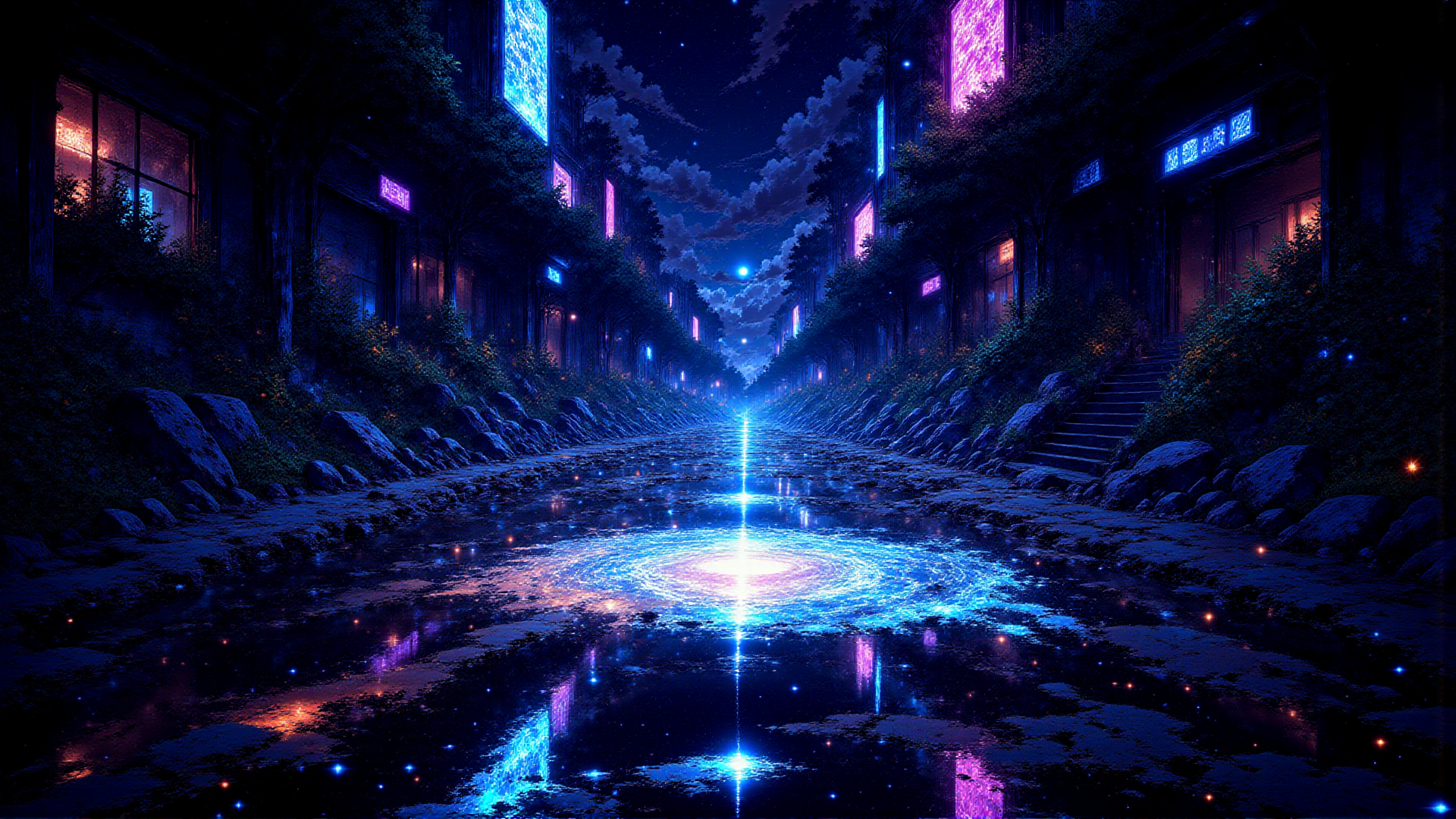 AI generated wallpaper featuring street, neon, water, galaxy, buildings, trees, lamps, stars, rocks, stairs