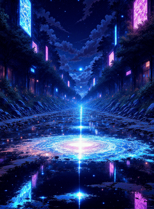 street, neon, water, galaxy, buildings, trees, lamps, stars, rocks, stairs