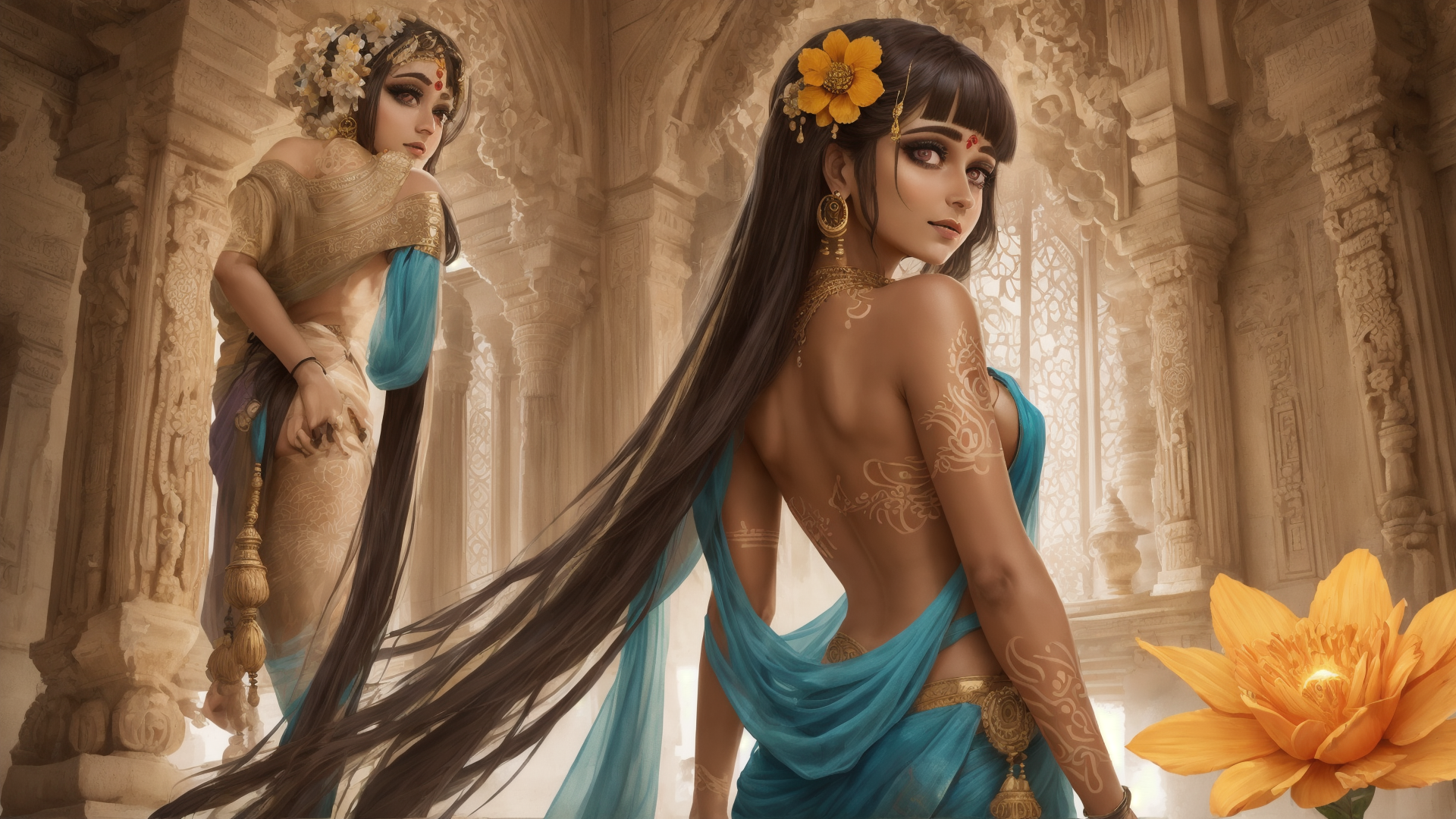 AI generated wallpaper featuring woman, sari, temple, flower, decoration
