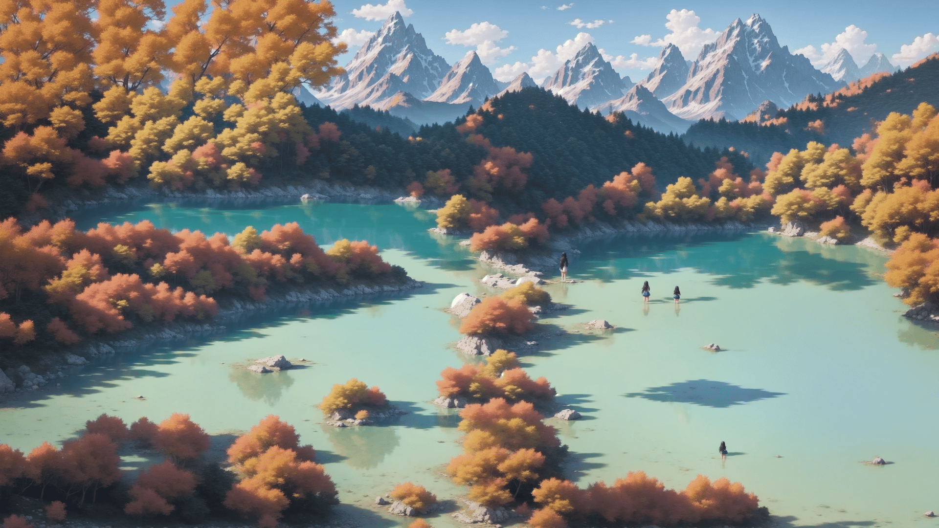 AI generated wallpaper featuring lake, mountains, people