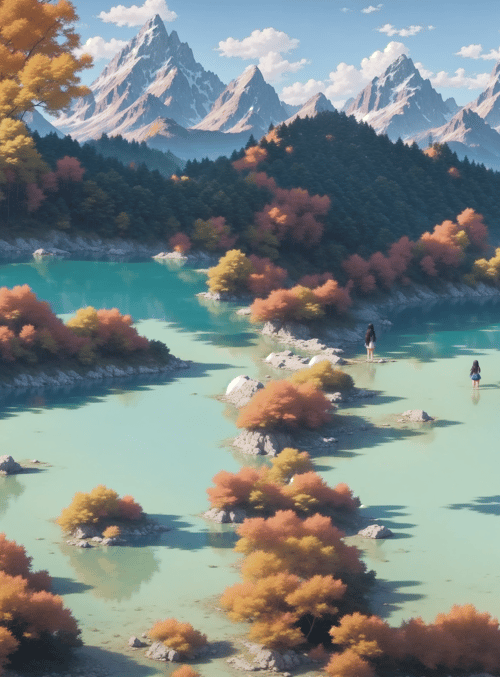 lake, mountains, people