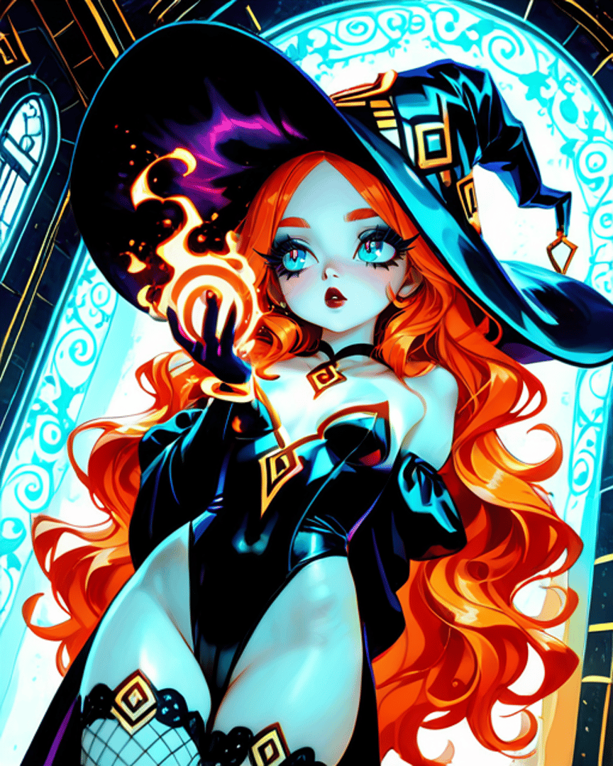 AI generated wallpaper featuring witch, woman, hat, fire, dress, hair, gloves, ornament, window, diamond