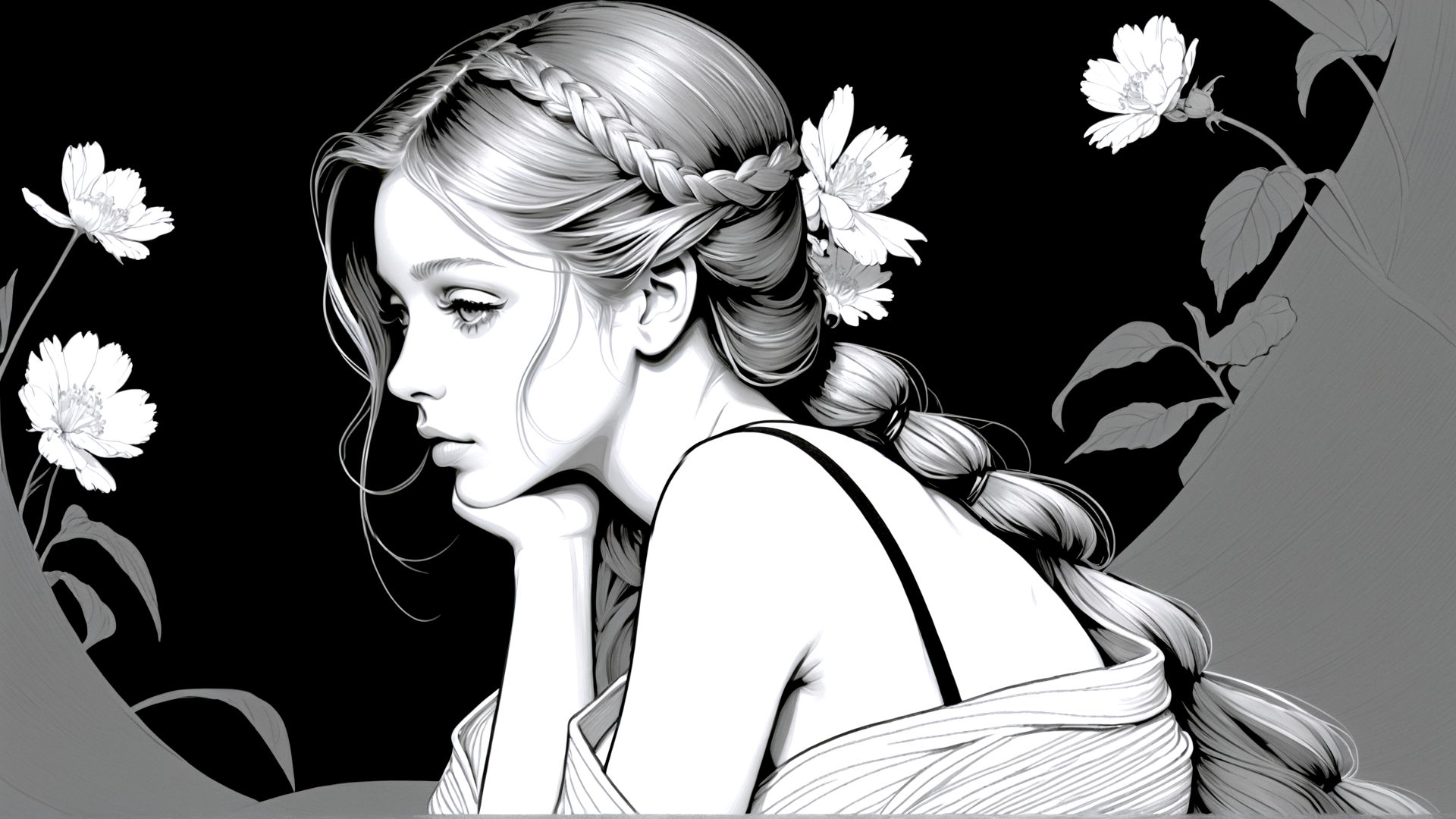 AI generated wallpaper featuring woman, flower, braid, dress, leaves