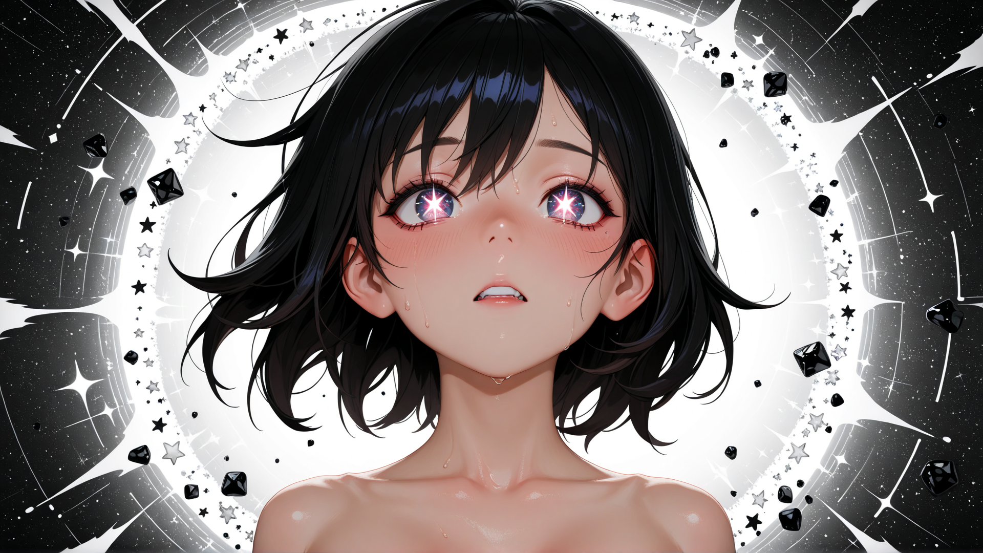 AI generated wallpaper featuring girl, stars, crystals, tears